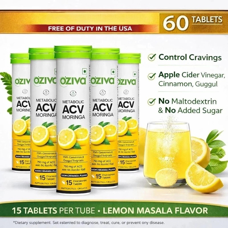 OZiva ACV Moringa Effervescent Tablets 15 x4 | Lemon Masala | 60 Tabs