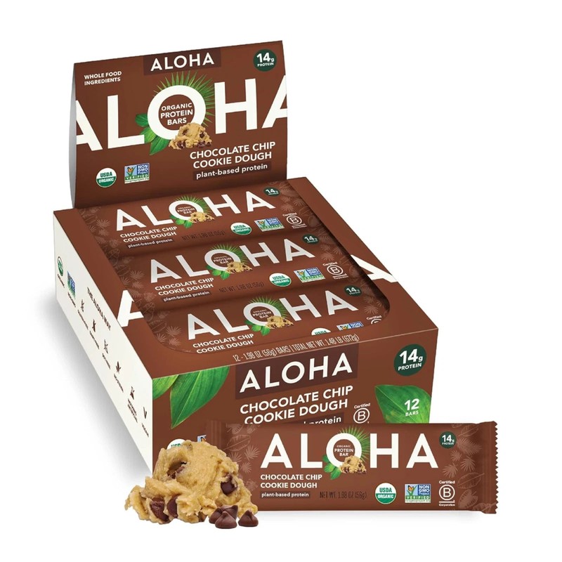 ALOHA Organic Plant Based Protein Bars – Chocolate Chip Cookie Dough, 12 Count