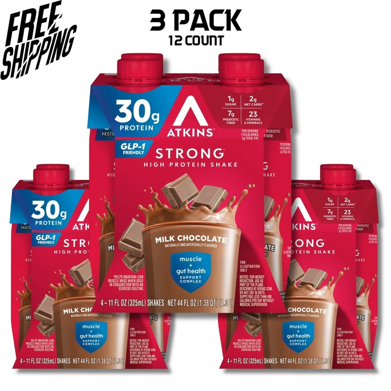 (3 Pack of 4 count) Atkins Strong High Protein Shake, Milk Chocolate, 30g