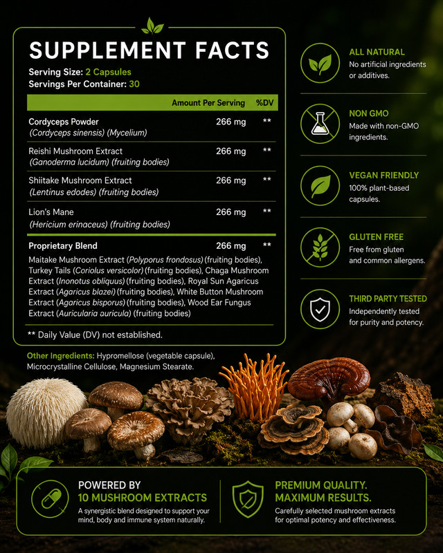 Routine LabX Mushroom 10X 60 Capsules (1,330mg per serving) Supplement gallery
