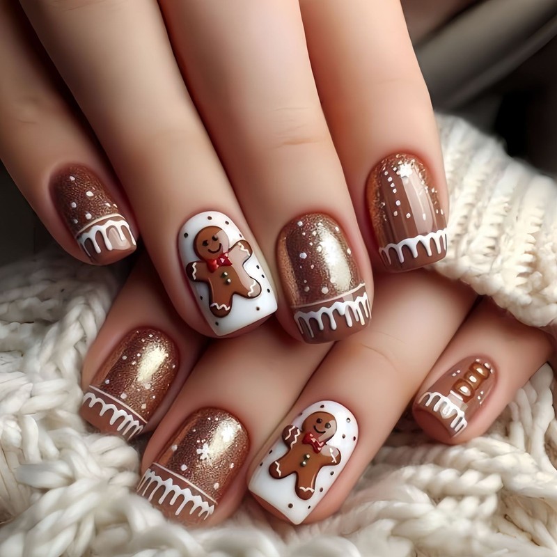 Christmas Press On Nails 48PCS Medium Square Gingerbread Reusable Fake Nail Gift
