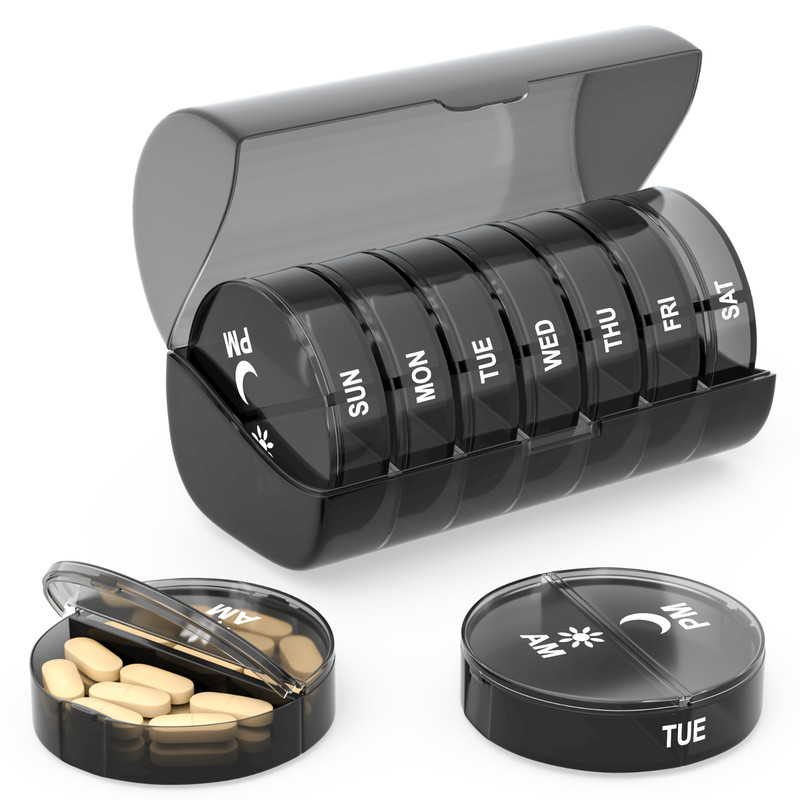 Pill organizer 2 times a day weekly pill box 7-day daily pill container round