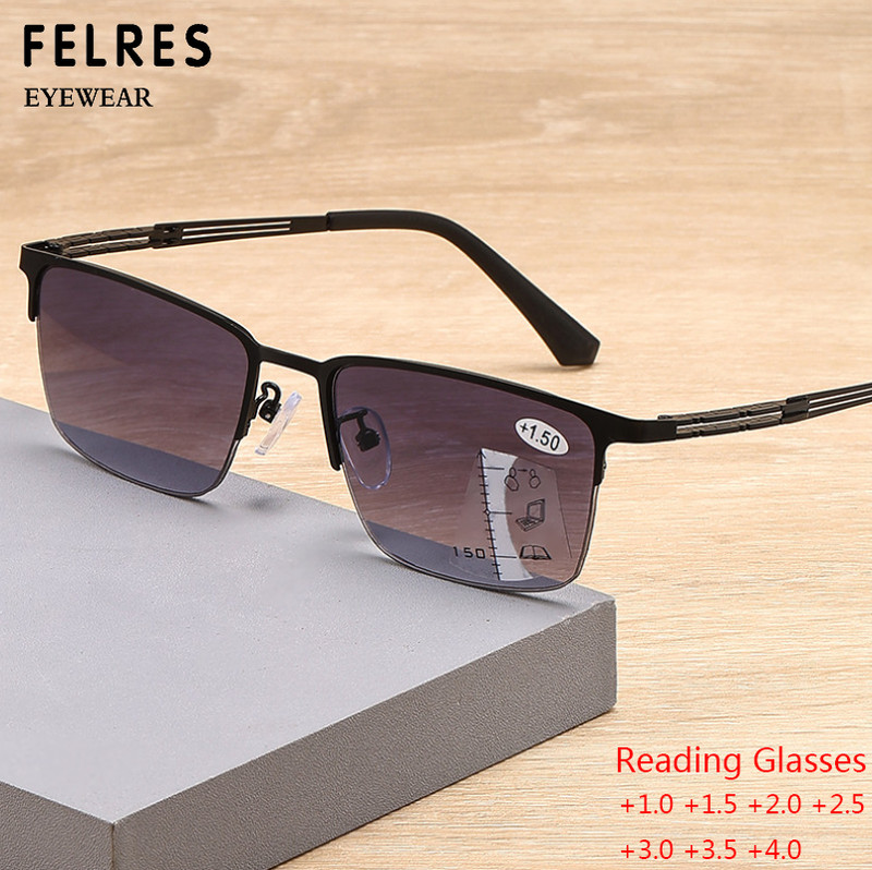Men Metal Progressive Multifocus Tinted Reading Glasses Half Frame Sunglasses