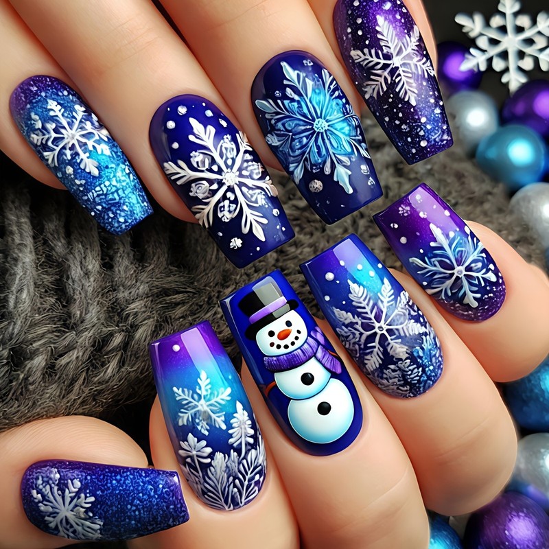 48pcs Christmas Press On Nails Snowflake Snowman Blue Reusable False Nail Kit