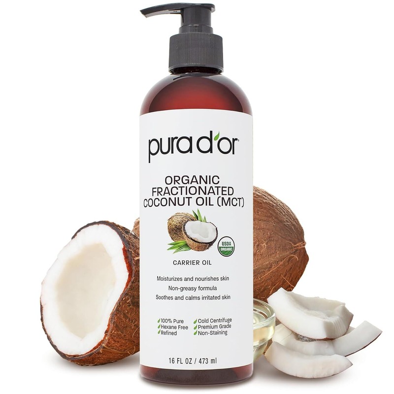 PURA D’OR Dor Fractionated Coconut Oil 100% Organic 16oz for Face, Skin & Hair