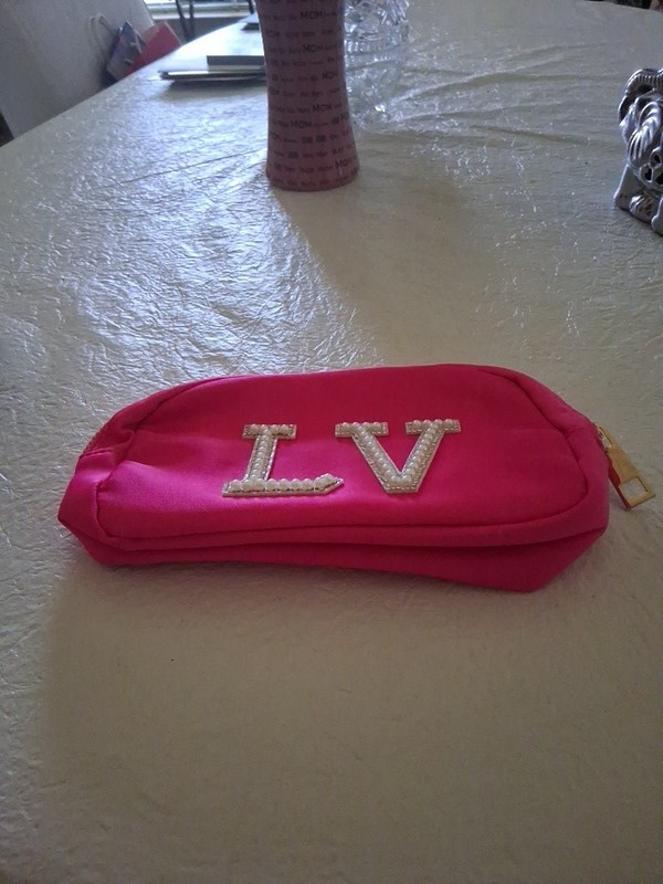 Pink Makeup Bag Zipper Closure Pouch Case with LV Letters Logo