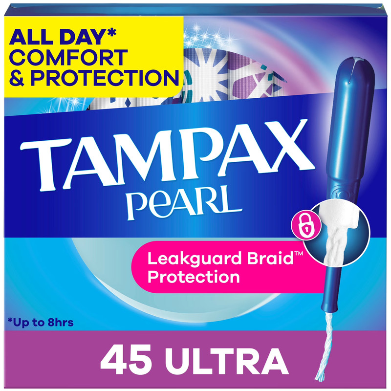 Pearl Tampons, with Leak-Guard Braid, Ultra Absorbency, Unscented, 45 Count