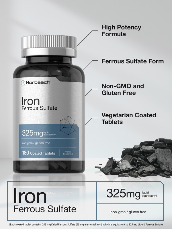 Iron Ferrous Sulfate | 325mg | 180 Tablets | Vegetarian, Non-GMO | by Horbaach gallery