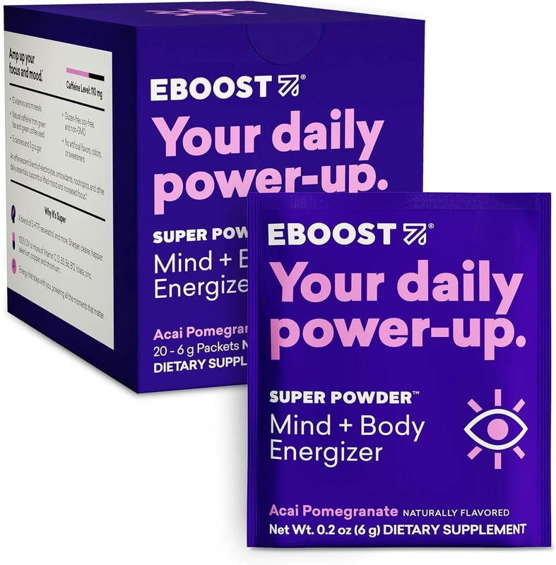 EBOOST Super Powder Acai Pomegranate 20 Pack 110mg Caffeine 0 Sugar