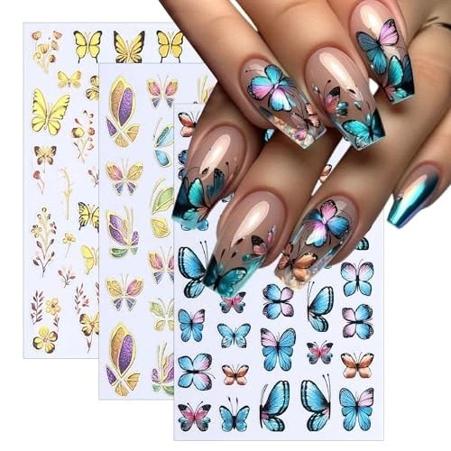 Nail Art Stickers Self-Adhesive Luxury Glitter Gold Flower Blue Butterfly