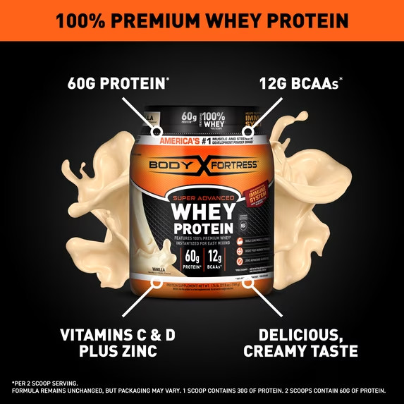 Body Fortress Whey Protein Vanilla 1.74lb 60g Protein Powder gallery
