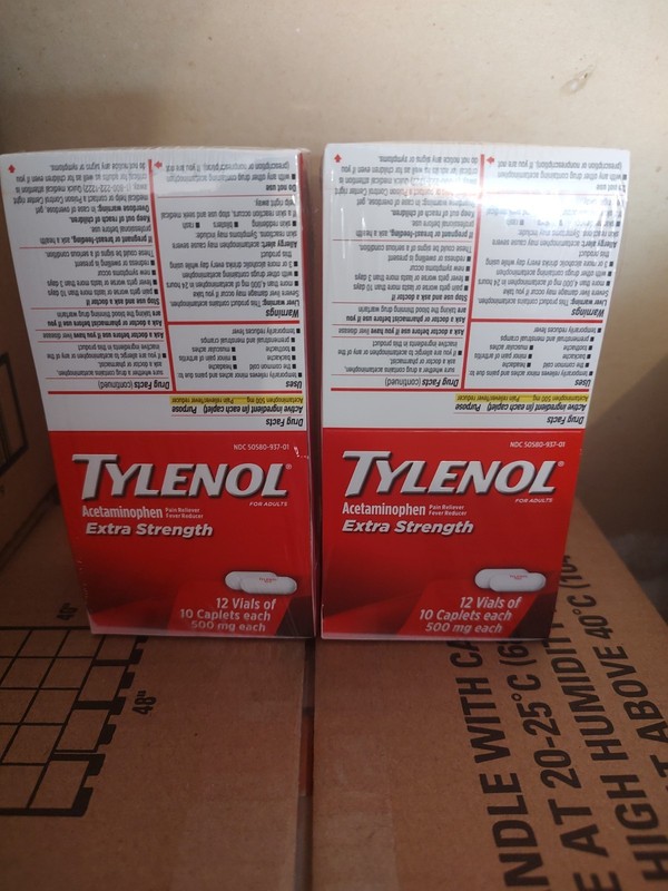 2 Tylenol Extra Strength Caplets500mg each, 10 Caplet per Vial, 12 Vials 8/2029