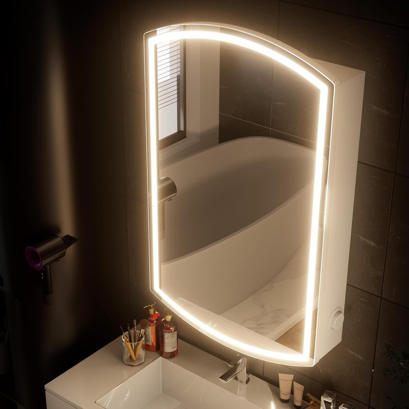 Arched Medicine Cabinet Dimmable LED Mirror 32×20 Adjustable Shelves Heat Resist