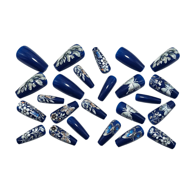 48Pcs-Metallic Blue Black Silver Butterfly Floral Long Glossy Coffin Nails Set gallery