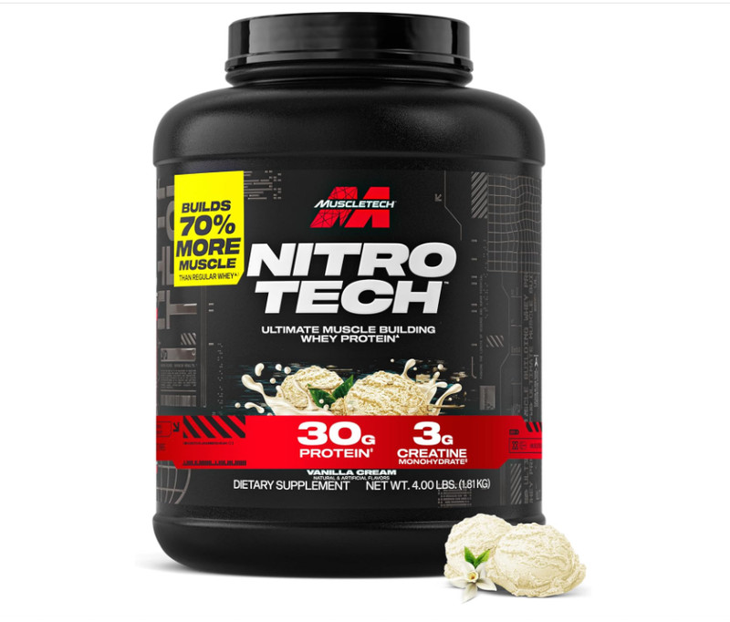 MuscleTech Nitro Tech Whey Vanilla Cream 4lb 30g Protein Creatine BCAA
