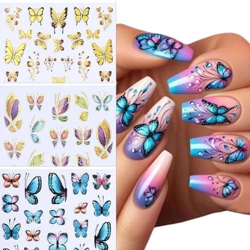 Nail Art Stickers Self-Adhesive Luxury Glitter Gold Flower Blue Butterfly gallery