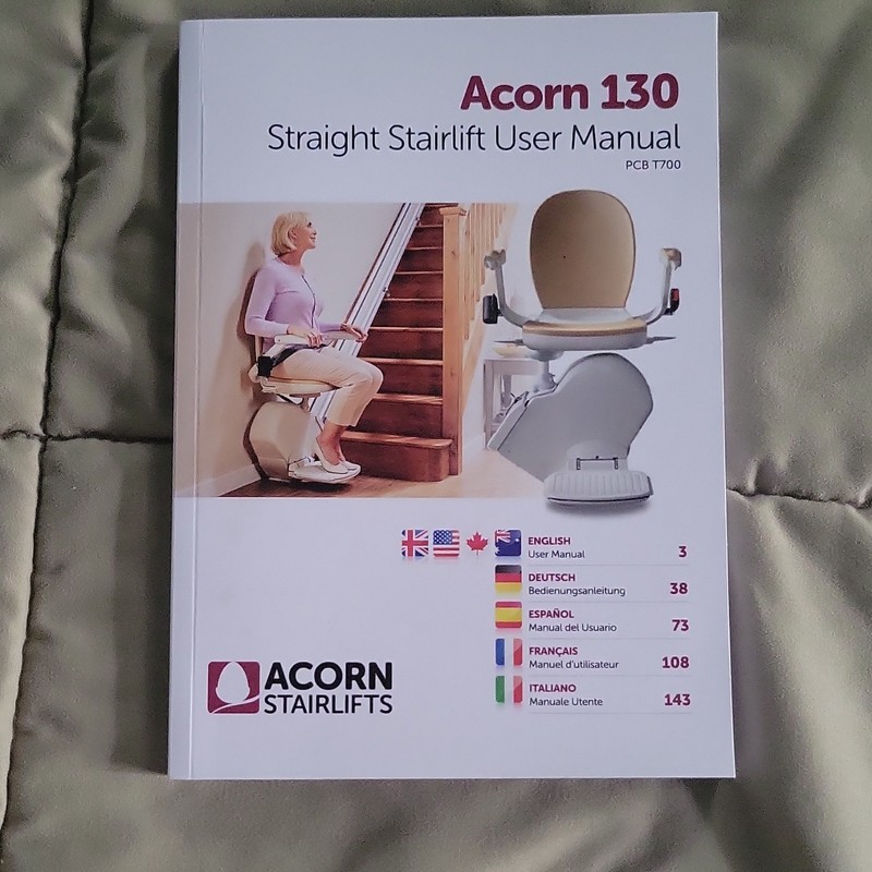 Acorn 130 Straight Stairlift User Manual Foldable Safety Sensor PCB 1700
