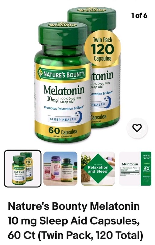 Nature’s Bounty Melatonin 10 mg Sleep Aid Capsules, 60 Ct (Twin Pack, 120 Total)