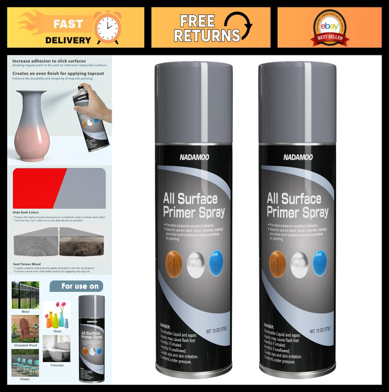 Multi-Surface Primer Spray – One-Part Epoxy, Matte Gray, 2 Cans, Enhance Adhesio