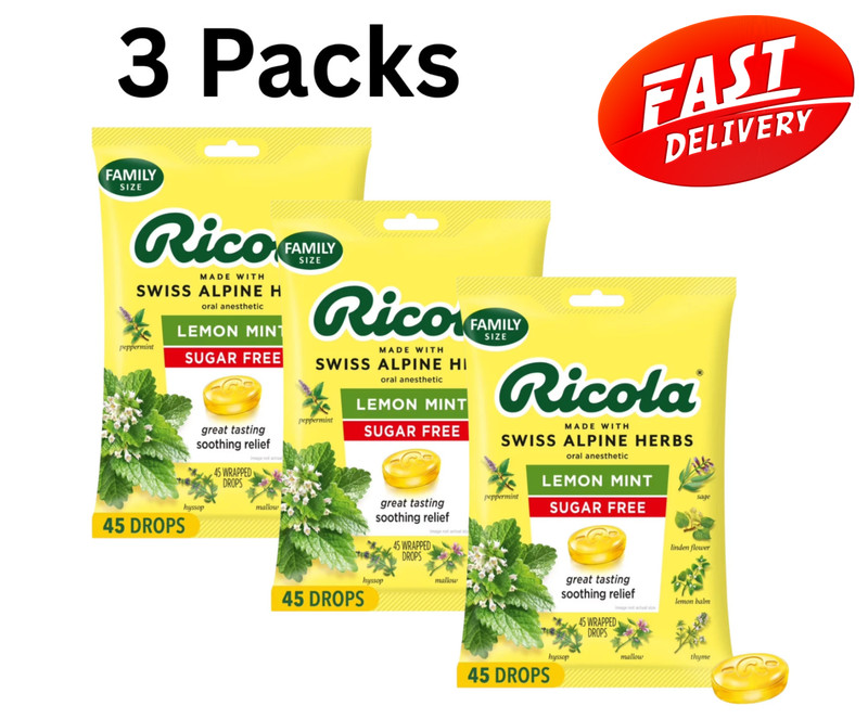 3-PK Ricola Sugar Free Lemon Mint Throat Drops Refreshing Throat Relief, 45 CT