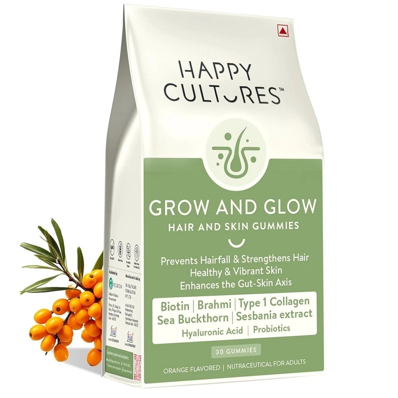 Happy Cultures Grow and Glow Gummies for Hair Growth, Skin Glow, Strong Nails