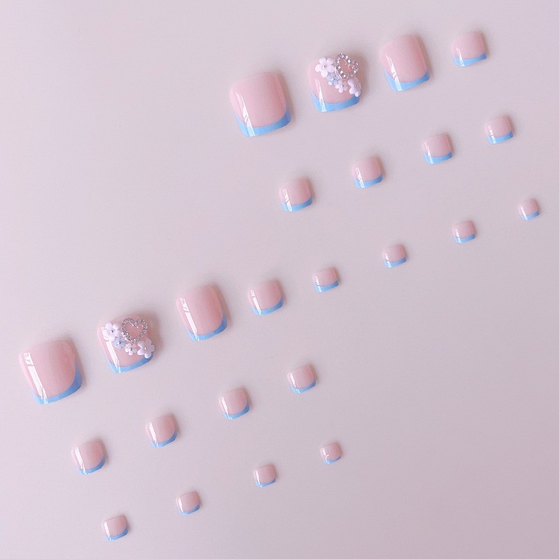 48Pcs-Light Blue French 3D Flower Diamond Cute Square Summer Toe Press on Nails gallery