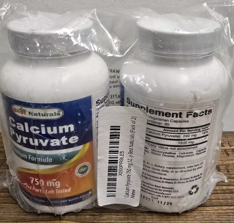 2 Pack Best Naturals Calcium Pyruvate 750 mg 120 Capsules Expires 11/26