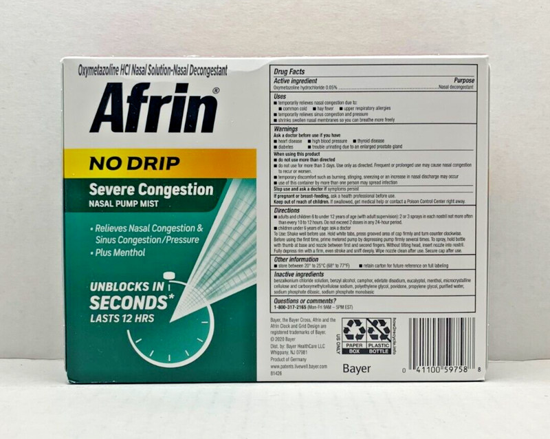Afrin No Drip Severe Congestion 12 Hour Nasal Pump Mist, 60 mL gallery