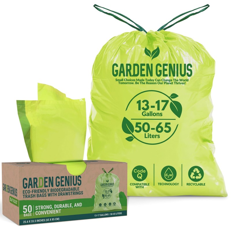 Biodegradable 13-17 Gallon Code-Q Trash Bags (50 1 Count (Pack of 50), Green