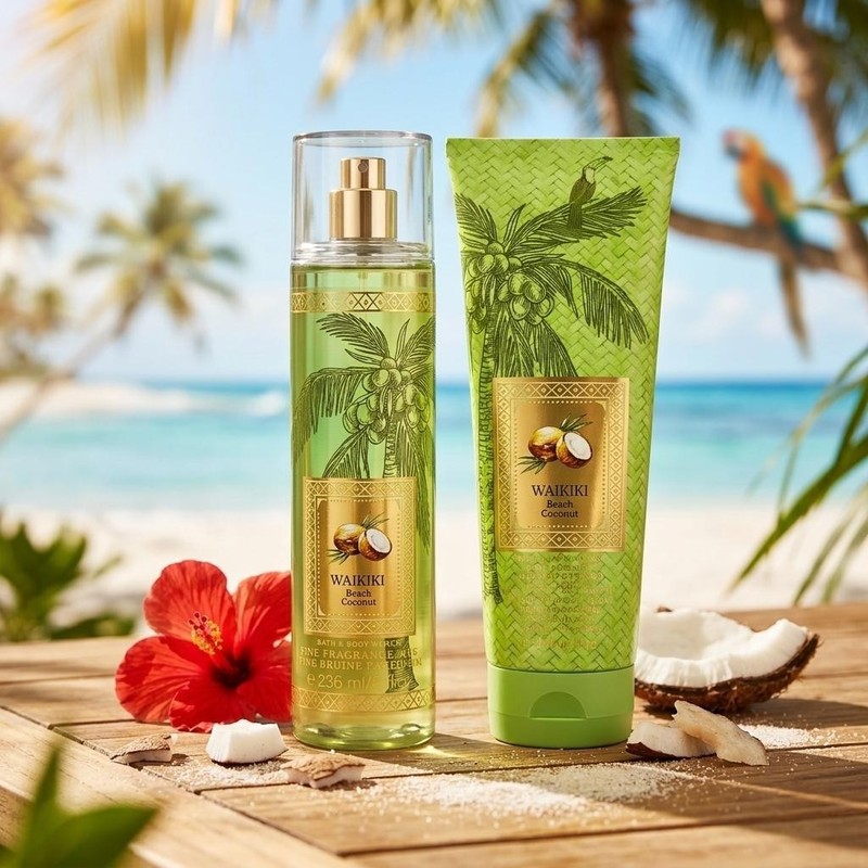 Bath & Body Works Waikiki Beach Coconut Fragrance Mist Body Cream 2 Pc Set