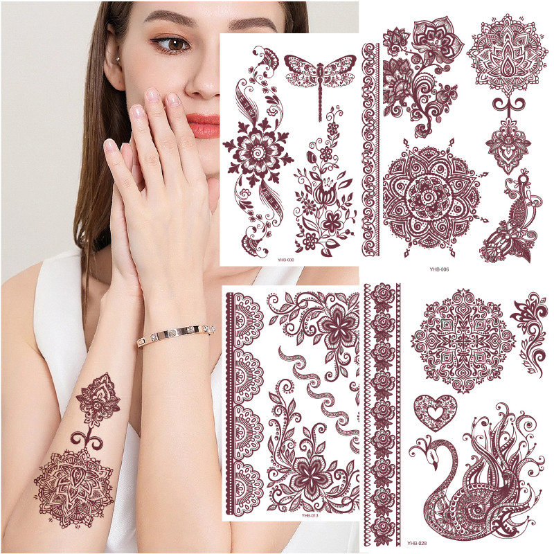 Set of 4 Sheets Tattoo Stickers Brown Henna Lace Waterproof Temporary Tattoo