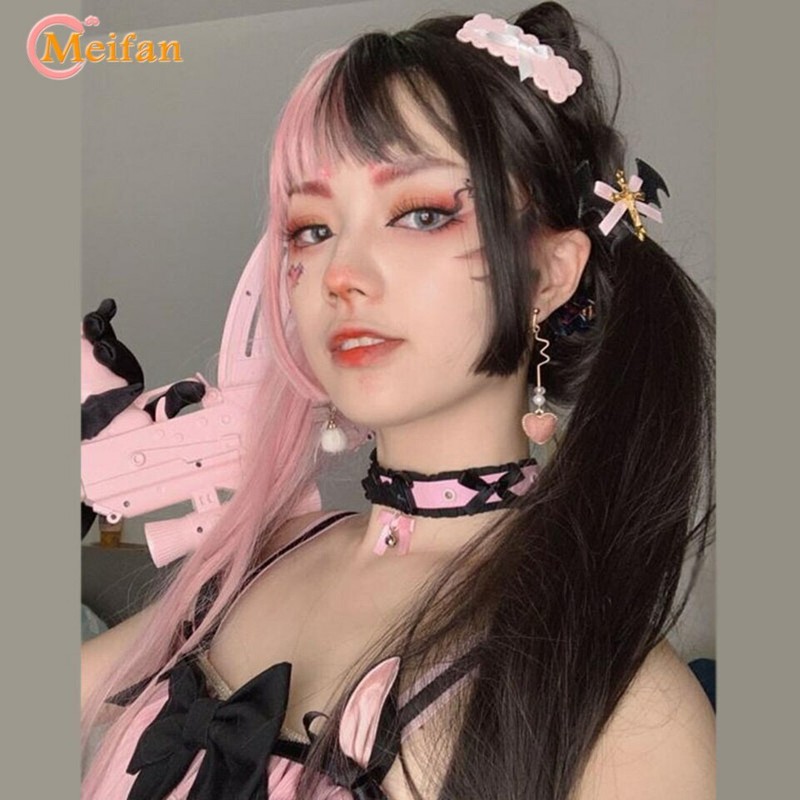 Long Wavy Ombre Black White Pink Heat Resistant Synthetic Lolita Wigs Halloween gallery