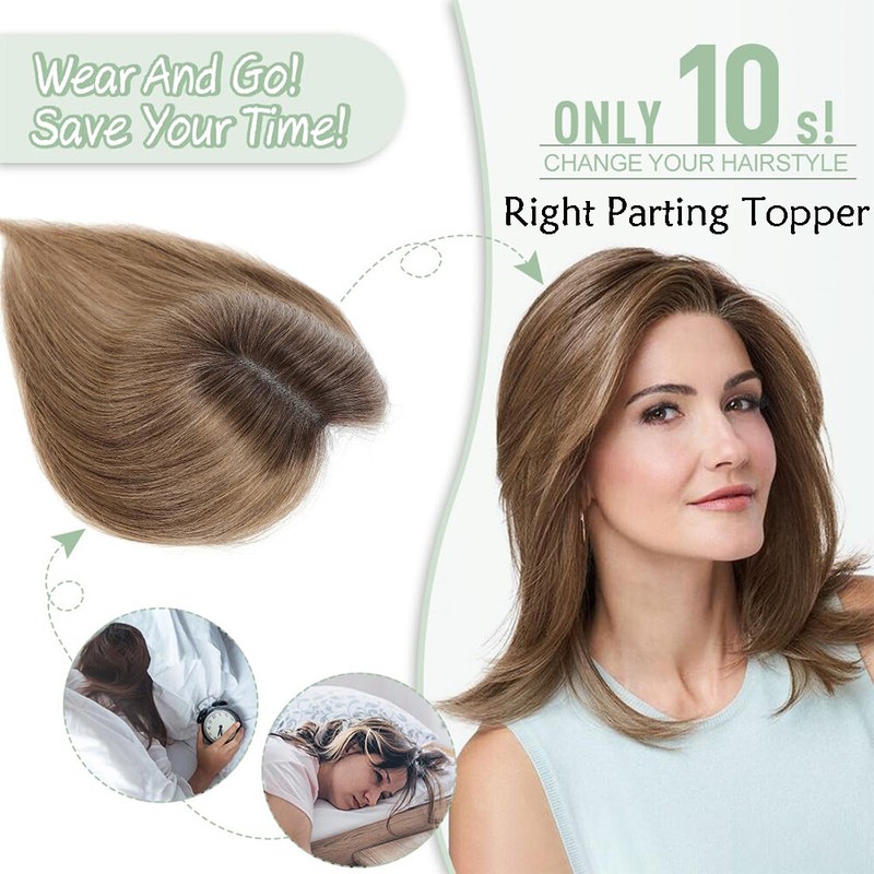 Women Topper Remy Human Hair Clip In Silk Lace Base Top Hairpiece Wigs Side Part gallery