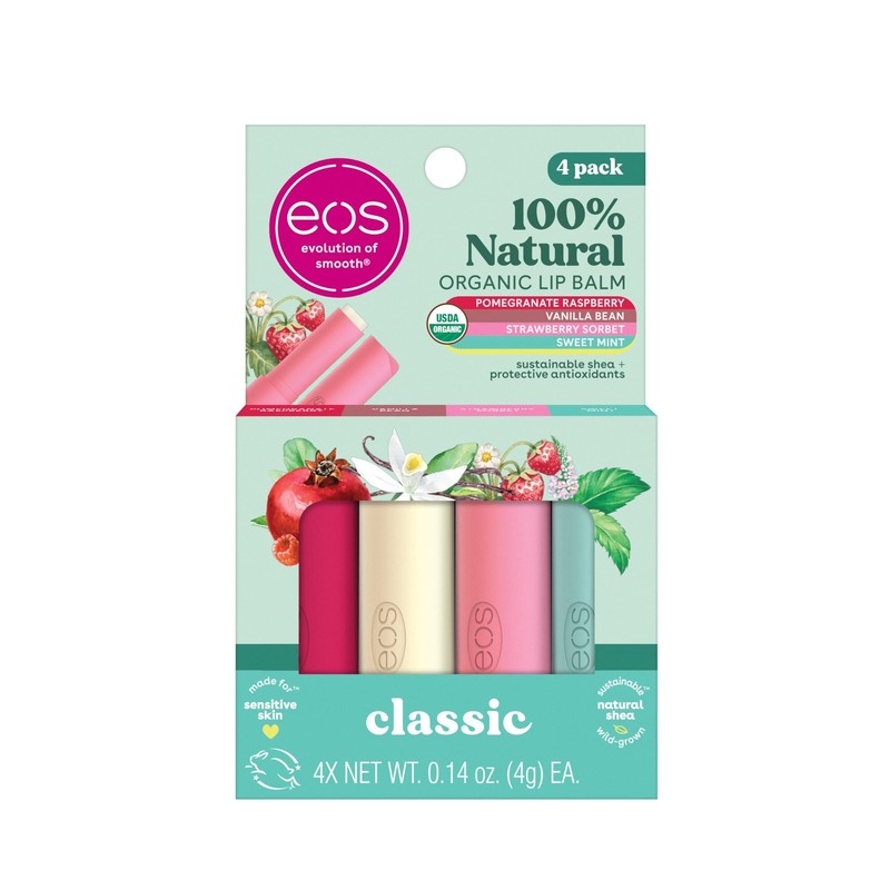 eos 100% Natural & Organic Lip Balm Sticks- Strawberry Sorbet, Vanilla Bean,