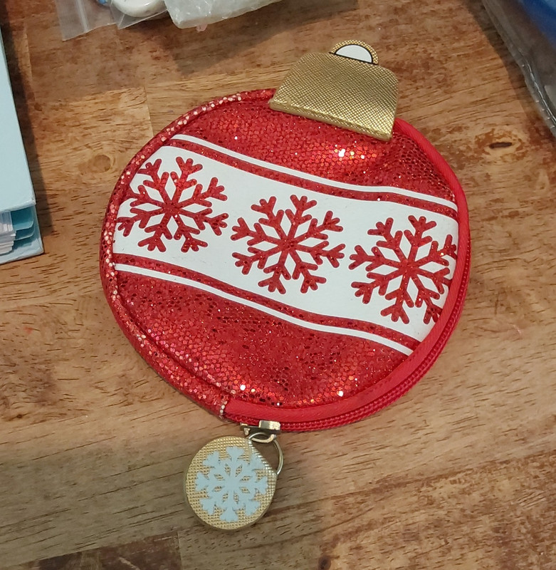 Red Sequin Round Zipper Makeup Bag Snowflake Design White Gold Accents