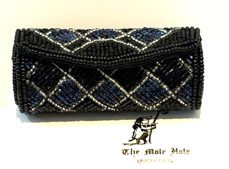Vtg, Beaded Lipstick Case Holder W/ Mirror & Snap Closure Black/Blue/Silver/Box gallery