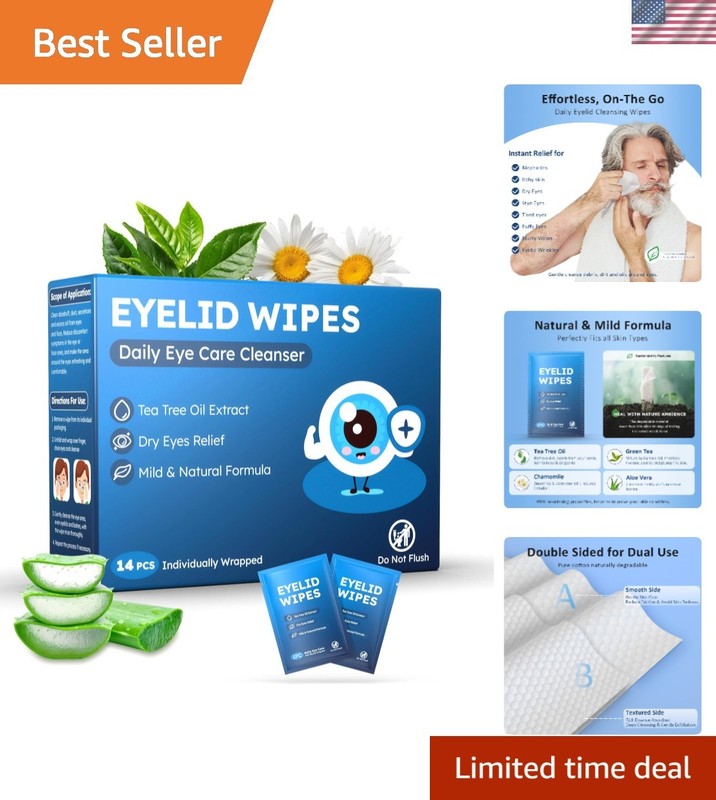 Travel-Friendly Tea Tree Oil Eye Wipes – 14 Extra Large Daily Cleansing Packs