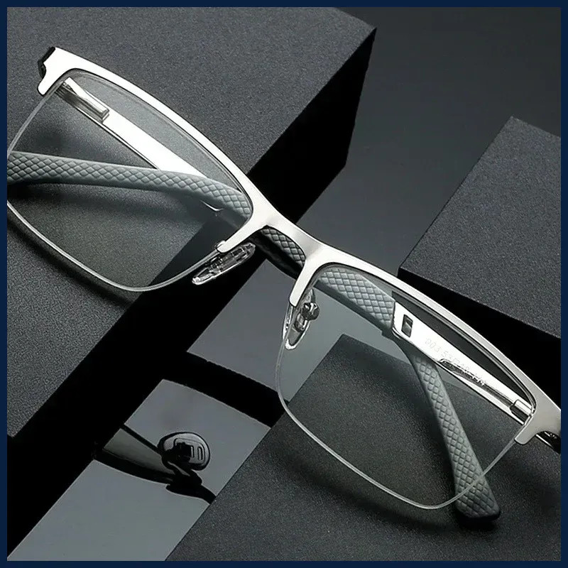 Men’s Half-frame Business Reading Glasses Anti-blue Light Anti-fatigue Metal