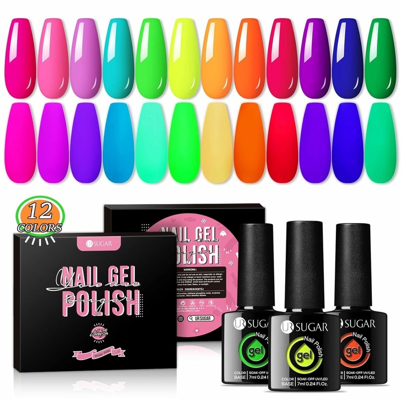 Neon Gel Nail Polish Set, 12 Colors Hot Pink Orange Yellow Green Blue Red Purple