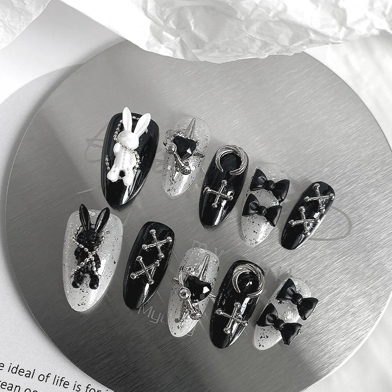 10PCS Handmade Halloween Bunny Press On Nails Black White Almond False Nails Reu gallery