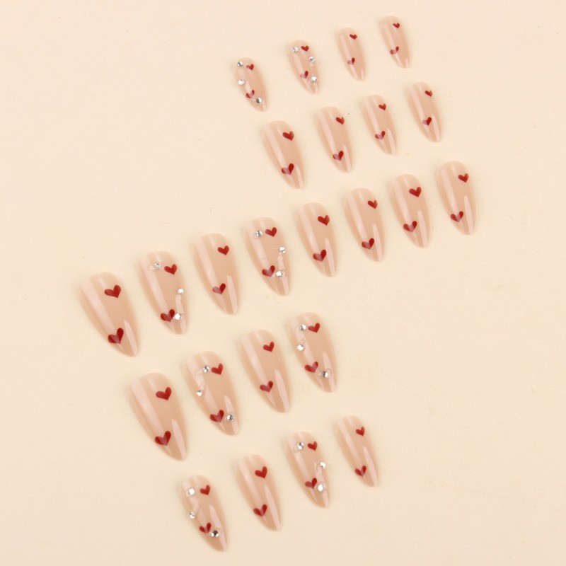 48Pcs-Sweet Oval False Nails Nude Red Heart Clear Rhinestone Press on Nails gallery