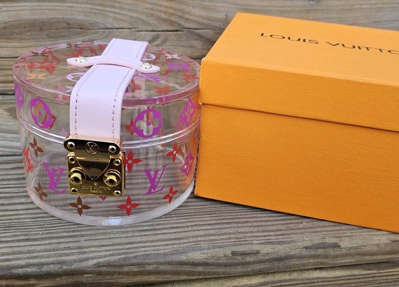 Louis Vuitton Clear Acrylic Makeup Box Pink Leather Strap Gold Hardware