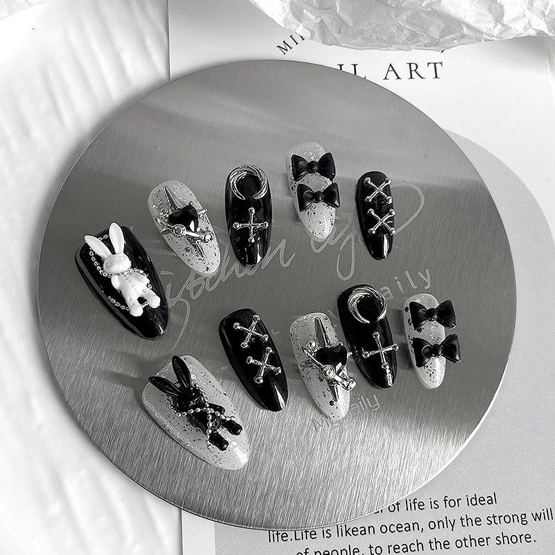 10PCS Handmade Halloween Bunny Press On Nails Black White Almond False Nails Reu gallery