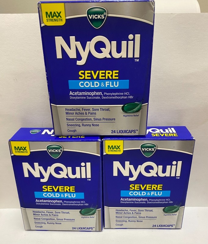 Vicks NyQuil Severe Cold & Flu Relief 24 LiquiCaps Lot of 3 Exp 07/2026