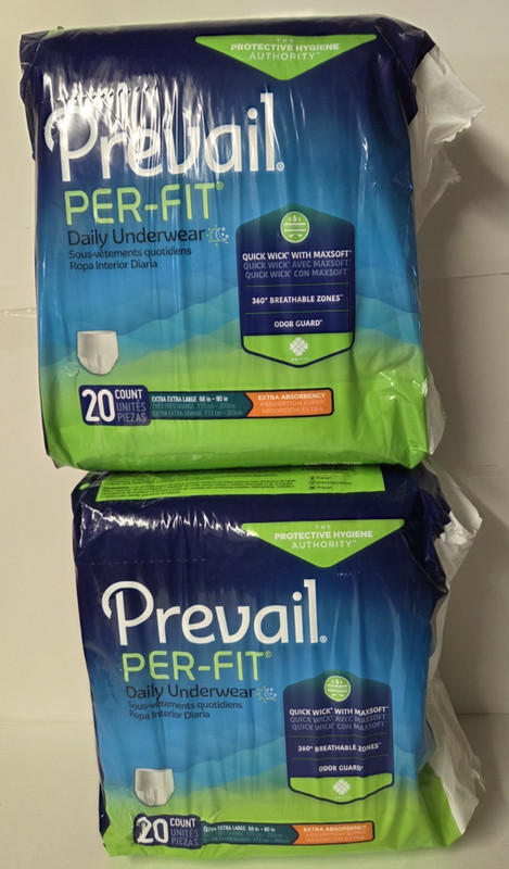40 Pcs. 2XL X 2 packs of Prevail Per-Fit Adult Daily Underwear EXTRA Absorbency!