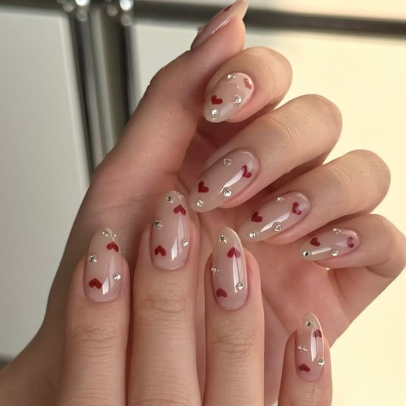 48Pcs-Sweet Oval False Nails Nude Red Heart Clear Rhinestone Press on Nails gallery