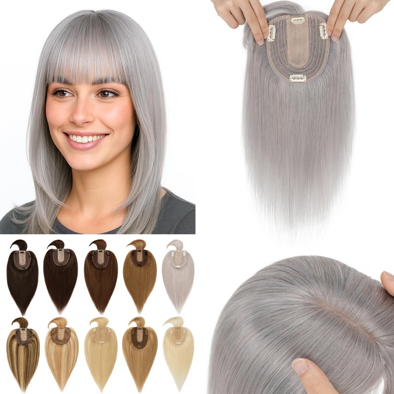 Sego Grey Hair Toppers For Women Real Human Hair Bangs 10 12 Cm Silk Base Clip