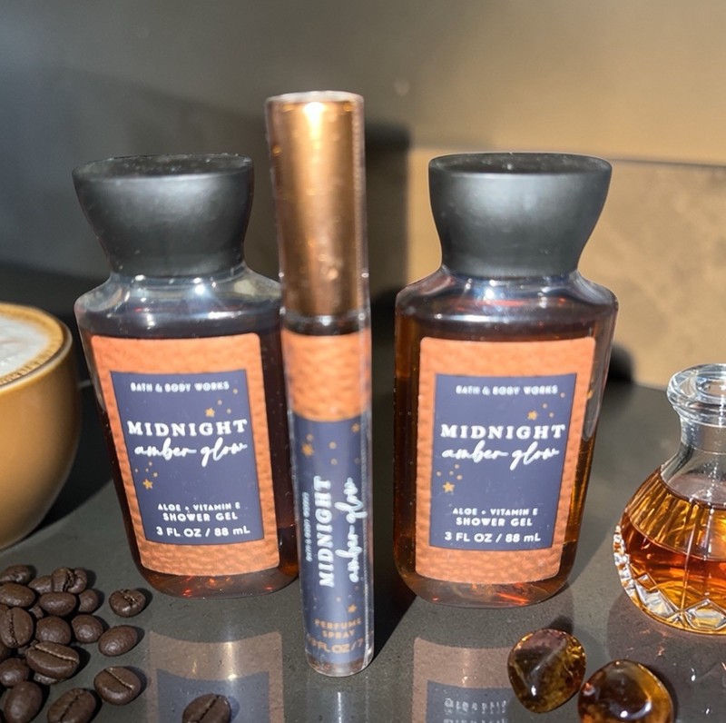 Bath & Body Works Midnight Amber Glow Set Rare Mini Perfume, 2 Shower Gels 3oz