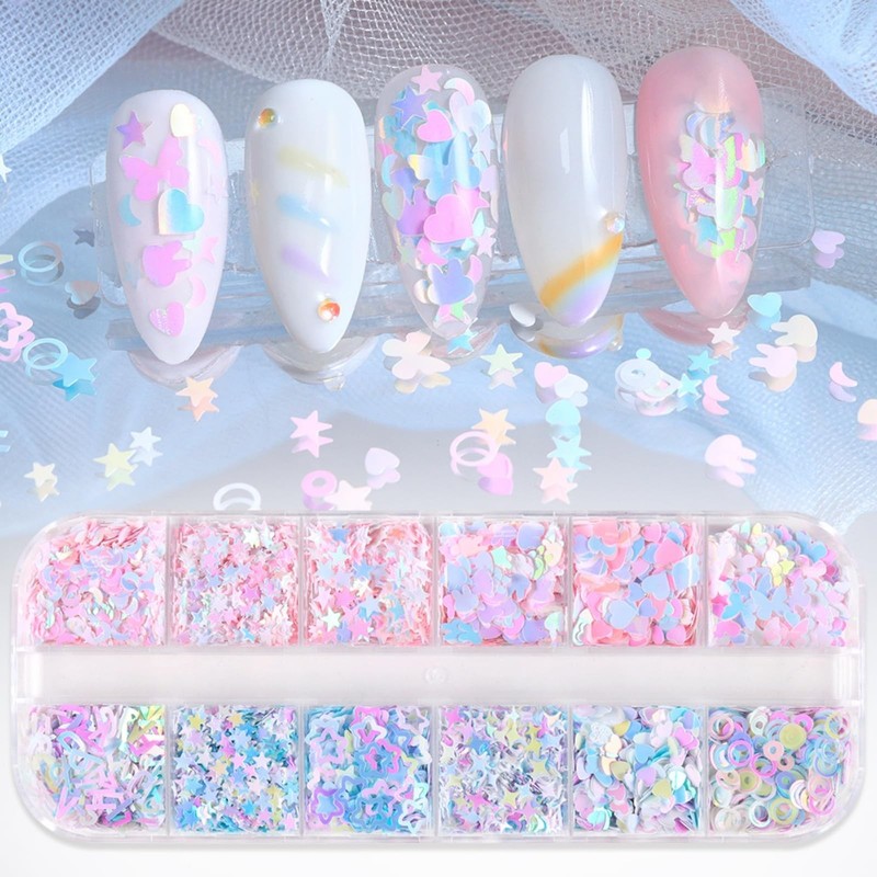 12 Colors Heart Star Nail Glitters Sequins 3D Holographic Pink Nail Flakes Sp…