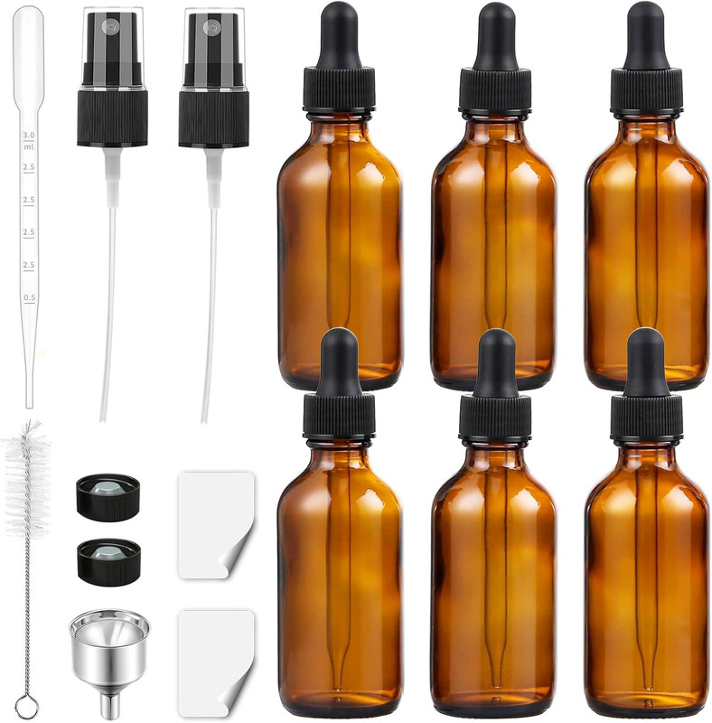 6Pcs 2 Oz Dark Amber Dropper Bottles, 60Ml Glass Tincture Bottles with Dropper,